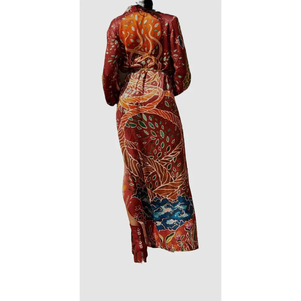$396 Carolina K Women's Red Collared Long Sleeve Self-Tie Maxi Dress Size M - Picture 2 of 5